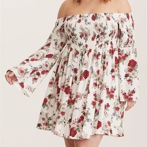 Torrid Ivory Floral Off Shoulder Challis Smock Dress